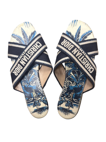 Christian Dior Canvas Palms Embroidered Dway Criss Cross Slide Sandals 41.5 Indigo Blue