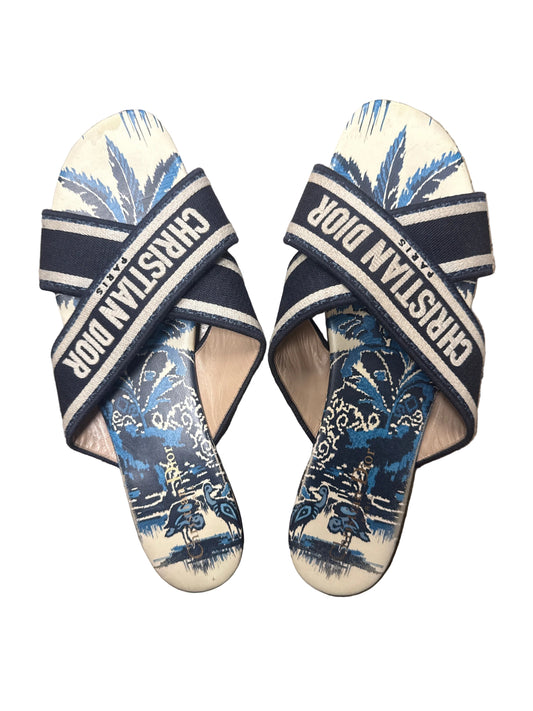 Christian Dior Canvas Palms Embroidered Dway Criss Cross Slide Sandals 41.5 Indigo Blue