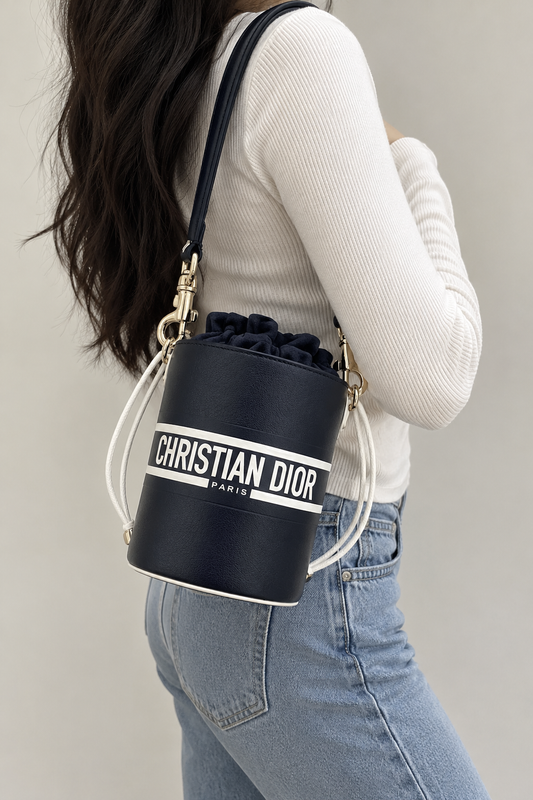 Christian Dior Vibe Micro Bucket 2-Way Shoulder Bag in White/Black.