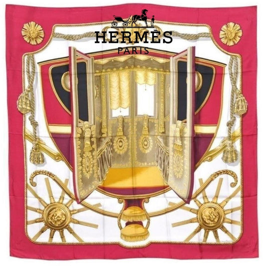 HERMES Carre 90 "COACH" Silk Bordeaux Red Scarf
