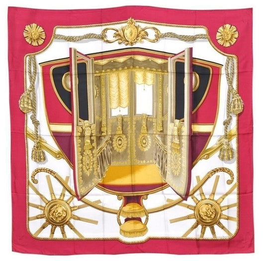 HERMES Carre 90 "COACH" Silk Bordeaux Red Scarf
