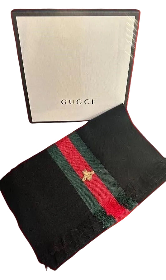 Boxed classic Gucci, Black Long Scarf with Bee