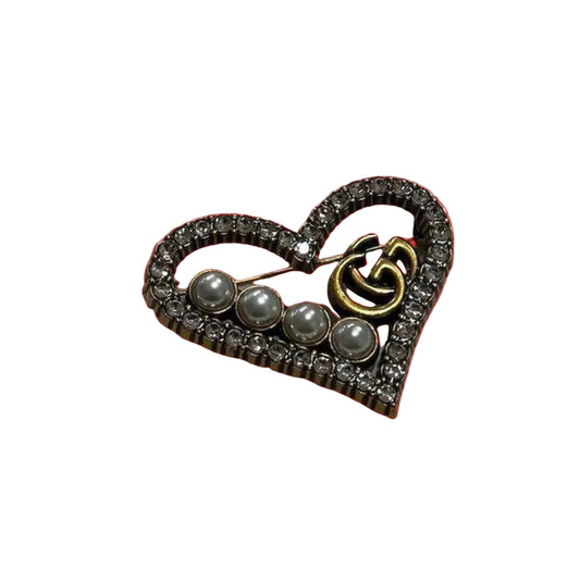 Gucci Vintage Heart Brooch Rhinestones + Pearl