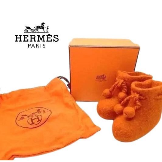 HERMES Baby Shoes Cashmere Felt Orange bag + box