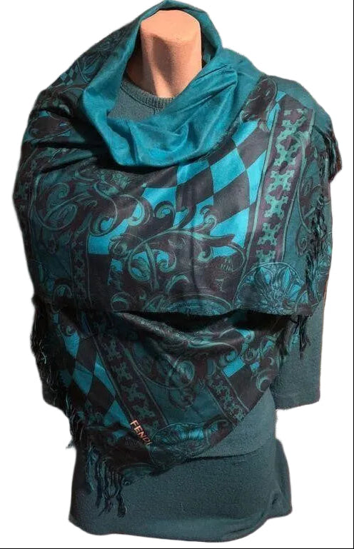 FENDI Turquoise Reversible Cashmere Long Scarf
