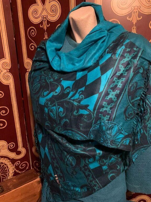 FENDI Turquoise Reversible Cashmere Long Scarf