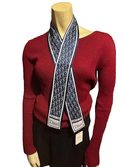 NWT Classic Dior Navy Blue/White Silk Twilly