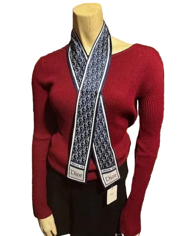 NWT Classic Dior Navy Blue/White Silk Twilly