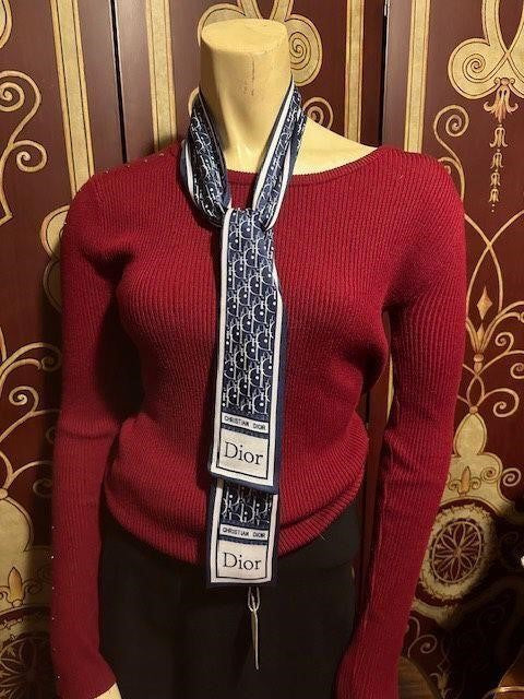 NWT Classic Dior Navy Blue/White Silk Twilly