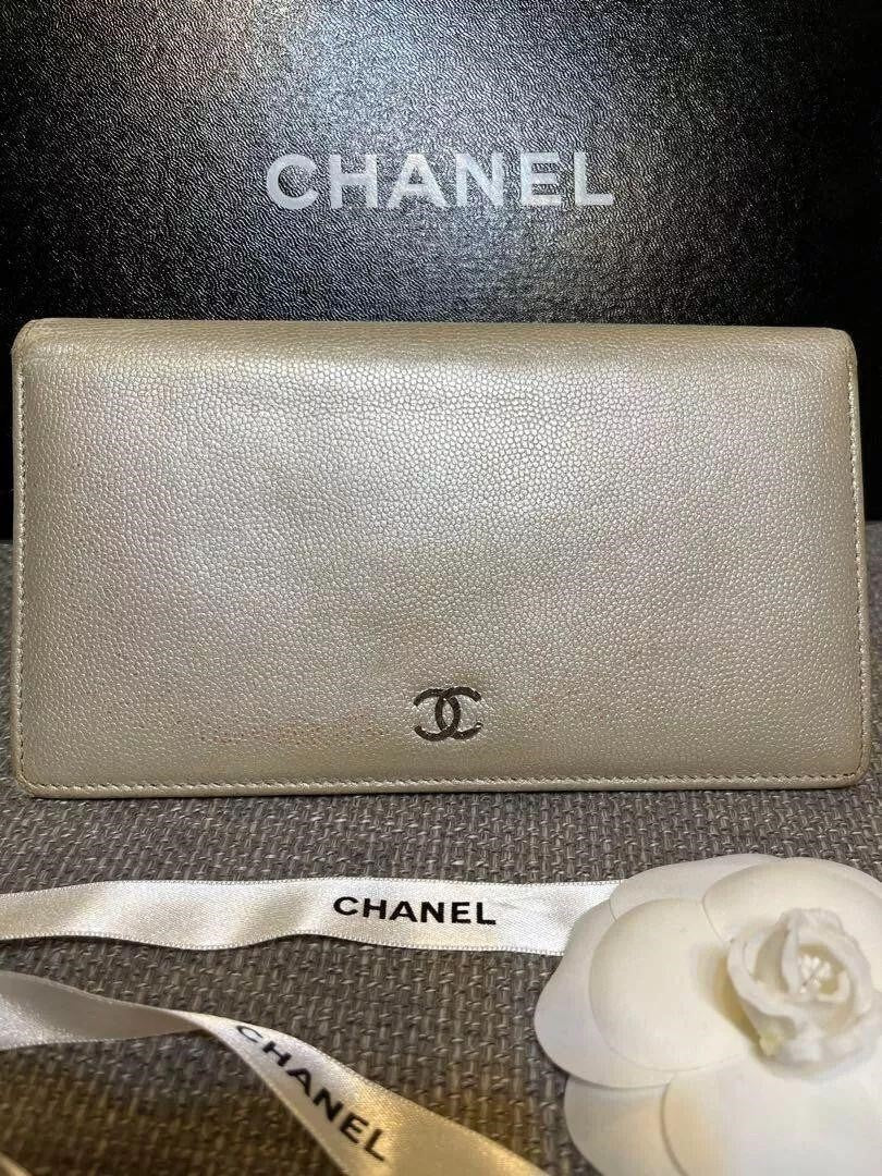 CHANEL Wallet Bifold Coco Mark Beige Silver