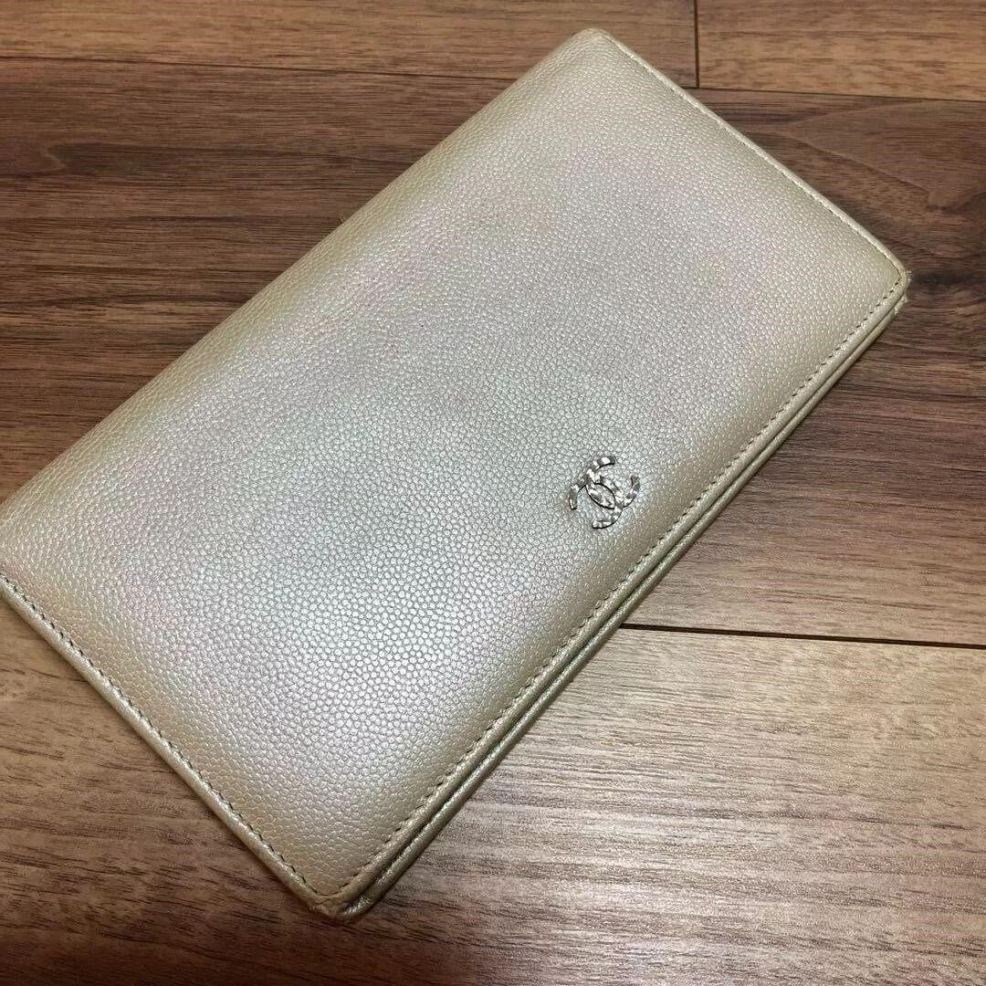 CHANEL Wallet Bifold Coco Mark Beige Silver