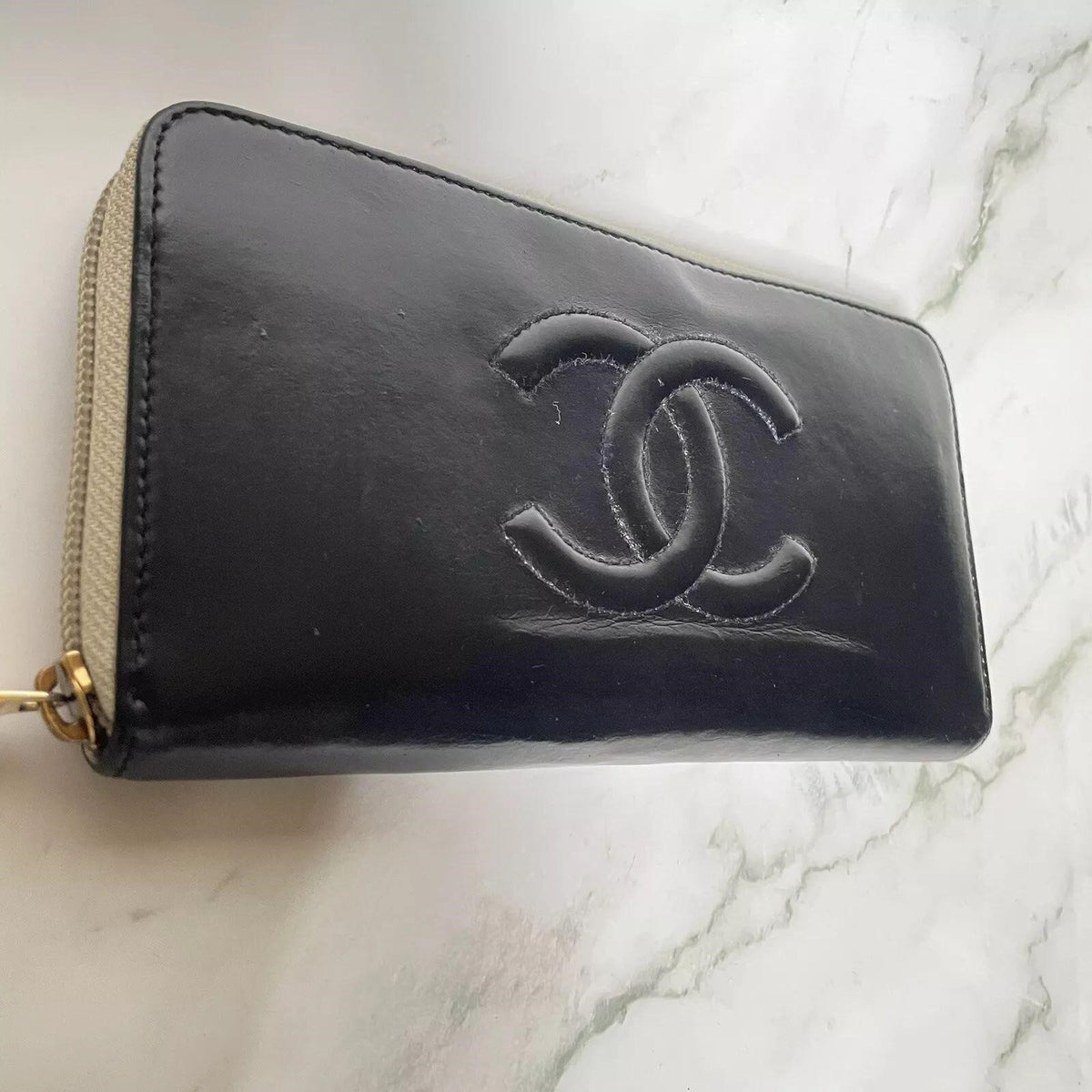 Chanel Wallet CC Leather Black Round Zip Wallet