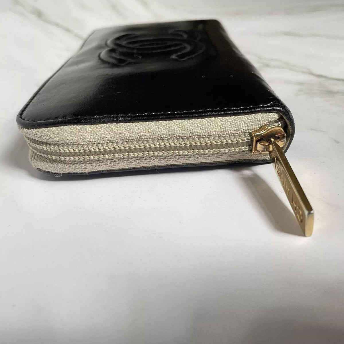 Chanel Wallet CC Leather Black Round Zip Wallet