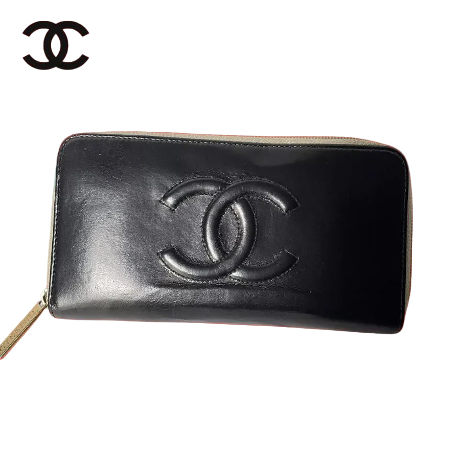 Chanel Wallet CC Leather Black Round Zip Wallet